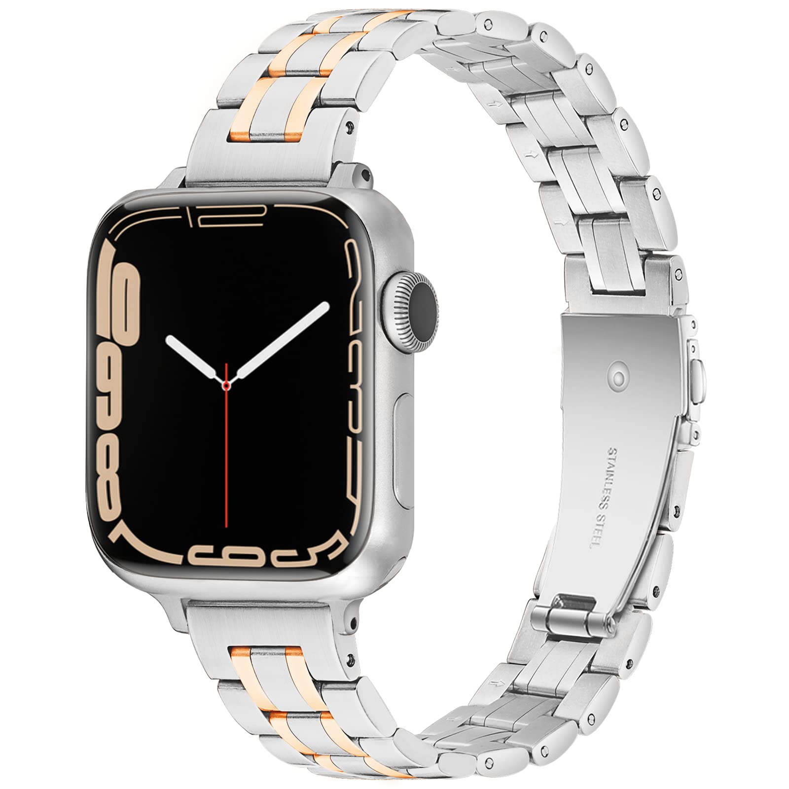Vamyzji Metal Strap Compatible with Apple Watch Straps 49mm 45mm 44mm 42mm, Solid Stainless Steel Women/Men Metal Strap for Apple Watch Ultra/Ultra 2 Series 9/8/7/6/SE/5/4/3/2/1(Silver Rose)