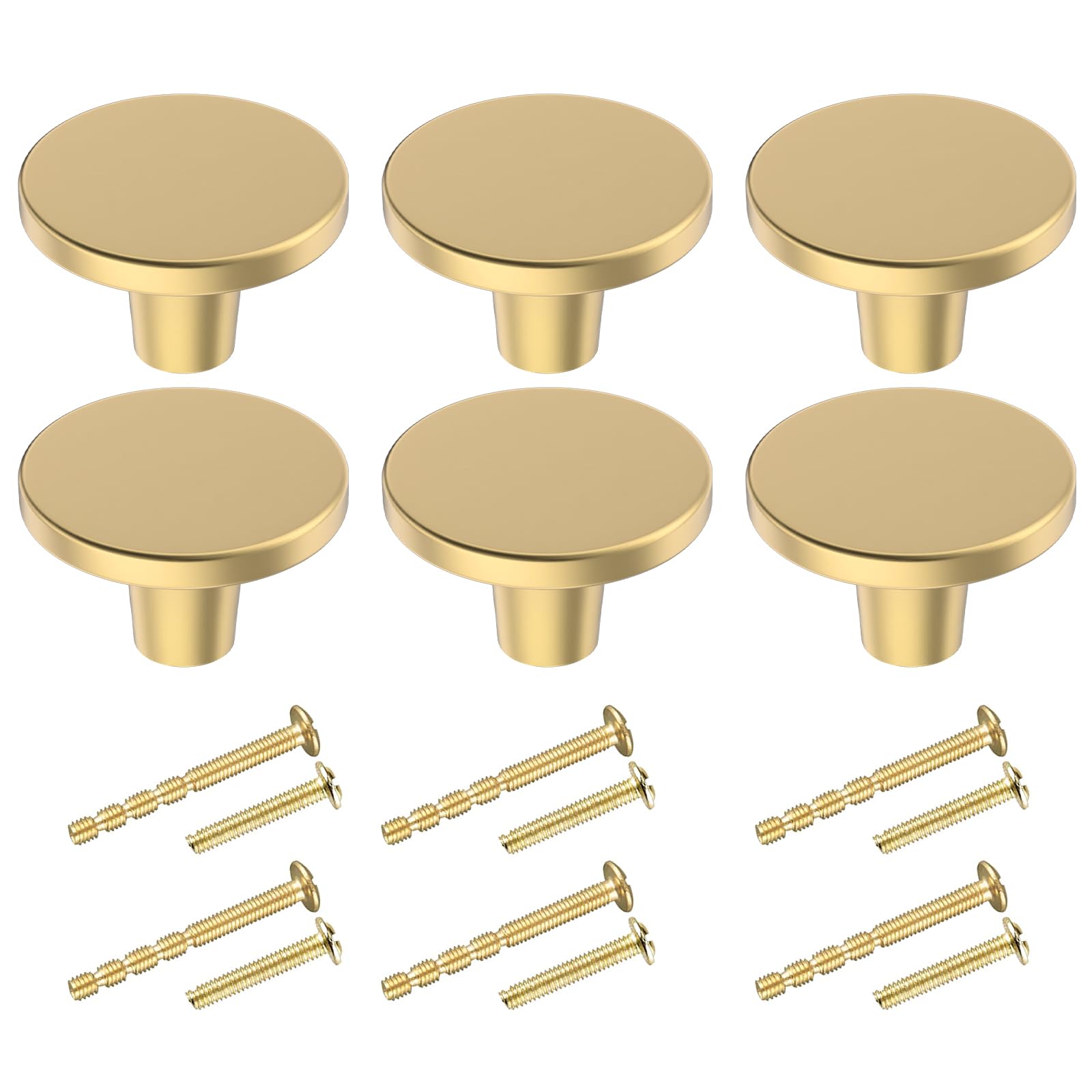 BIGLUFU 6 Pcs Brass Drawer Knobs, 1.18"/30mm Round Kitchen Cabinet Knobs, Furniture Door Handles Cupboard Pulls with Screws, Brushed Finish (Gold)