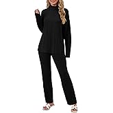 Simlakey Women 2 Piece Lounge Set Long Sleeve Pajama Set Casual High Neck Loungewear Ribbed Knit Winter Warm Matching Outfit