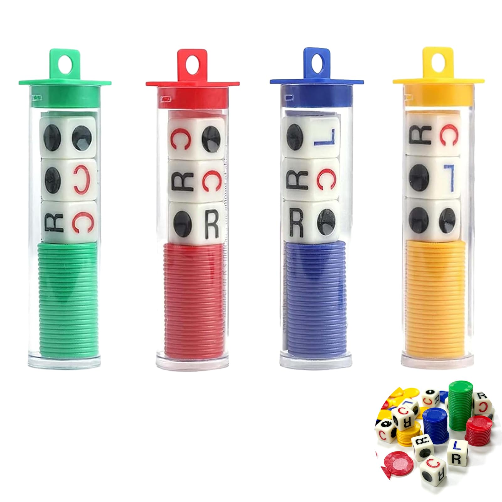 Wodehaainiyibeizi Left Right Centre Dice Game - 4 Tubes Interactive Toy for School Family Camping Party Picnic - Four Color Portable Strike Set for Kids