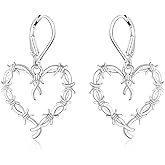 Tufeney Thorn Heart Dangle Earrings - Silver Gothic Vintage Barbed Wire Hearts Earrings for Women Man Fans Concert Halloween Jewelry Gift