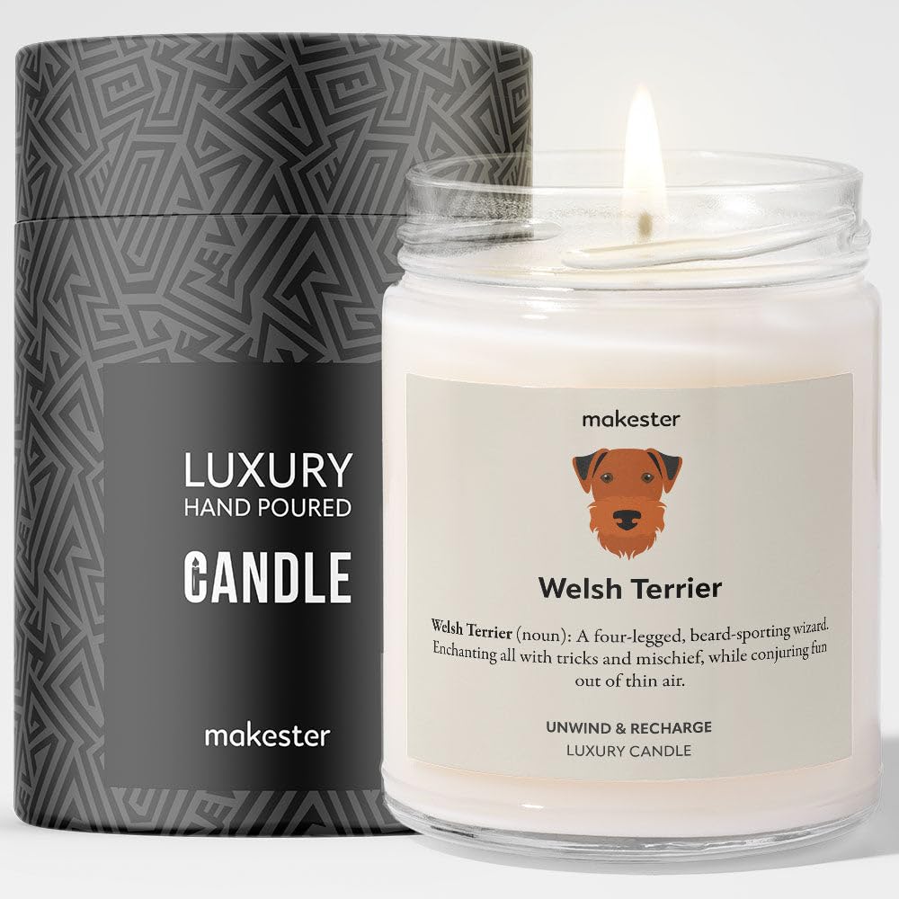 Welsh Terrier Gifts - Luxury Soy Wax Candle - Vanilla, Jasmine, Sugared Almond - Makester