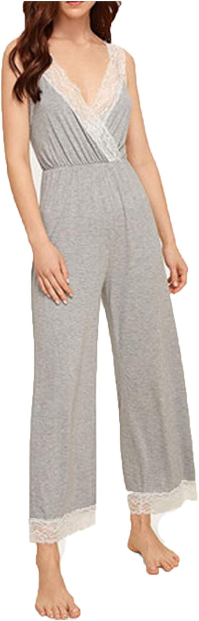 Magic Magic Shop Grey Floral Lace V Neck Jumpsuit Sleepwear