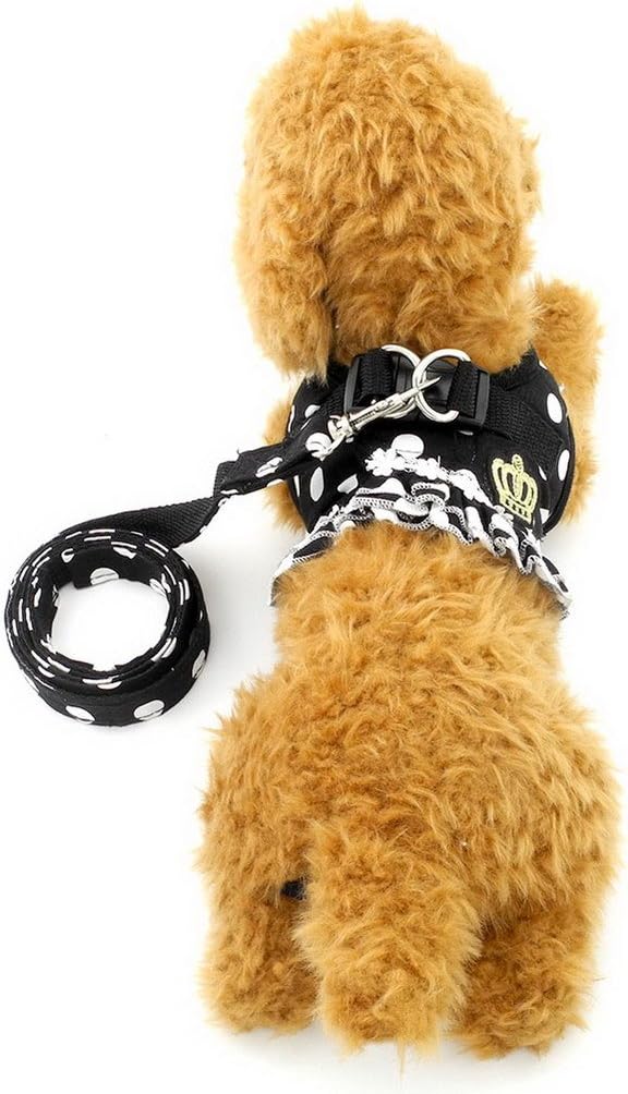SELMAI Puppy Cat Girl Dog Ruffles Polka Dots Small Dog Vest Harness Lead Set Mesh Padded No Pull Black L, L(Bust: 16.5";for 7-11 Lbs) - Image 4