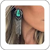YienDoo Boho Turquoise Stud Earrings Silver Vintage Tassel Earrings Minimalist Ethnic Turquoise Earrings Statement Long Tassel Chain Link Drop Dangle Earrings Jewelry for Women