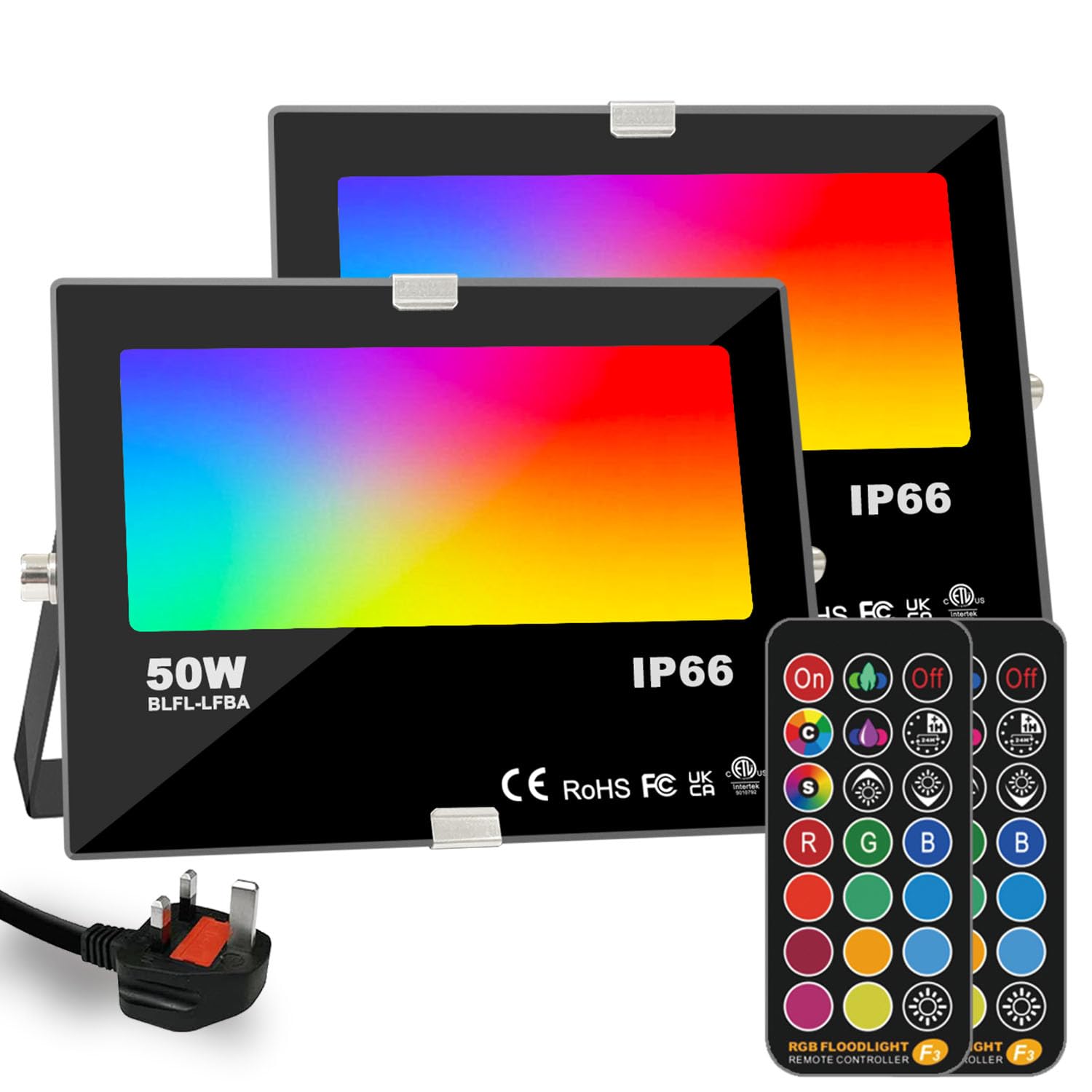 LED Flood Light Outdoor 50W, Colour Changing RGB FloodLight, Timing, Remote Control Included, IP66 Waterproof