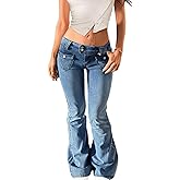 Low Rise Flare Jeans for Women Baggy Y2K Stretchy Bell Bottom Denim Pants 90s Vintage Washed Jeans with Pockets