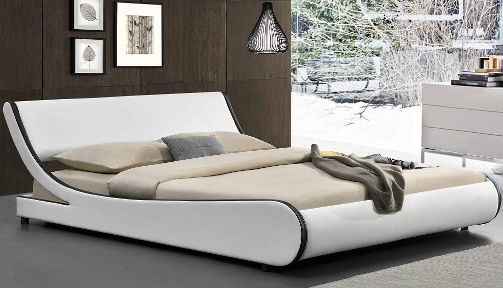 Amolife Modern Queen Platform Bed Frame with Adjustable Headboard,Mattress Foundation Deluxe Solid Faux Leather Bed Frame with Wood Slat Support (White with Black Border, Queen)