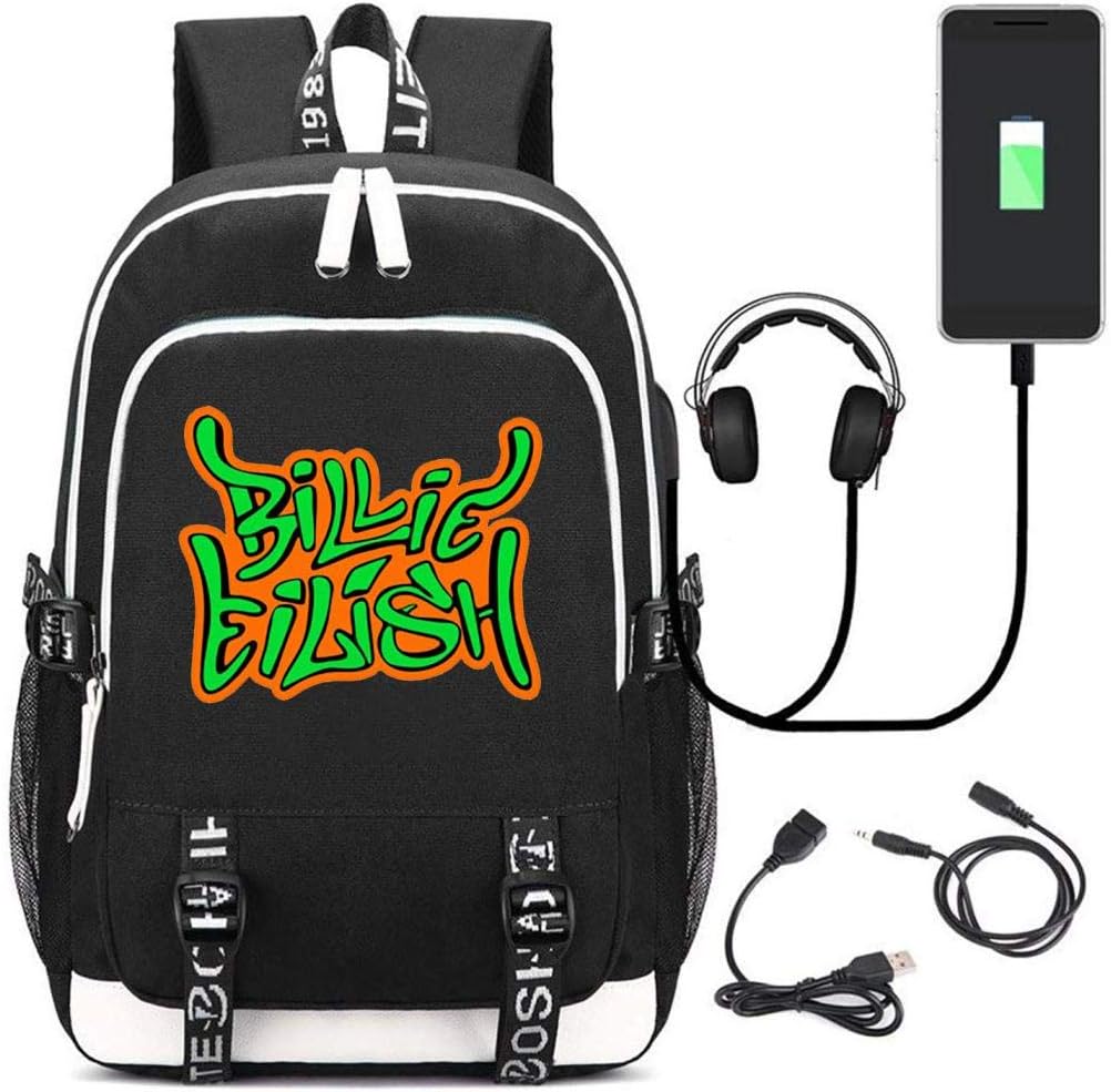 School 3D Printed Billie Eilish Shoulder Backpacks, Student Laptop Book Bag with USB Charging Port for Kids/Students/Adults Black