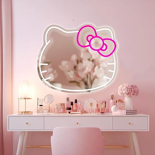 FATMOON Anime Mirror Vanity Neon Sign, Cute Cat with Lights Stuff Room Decor, Dimmable Makeup Mirror for Teen Girl Gift Bedroom Room Decor 15.53 x 13.19 inch