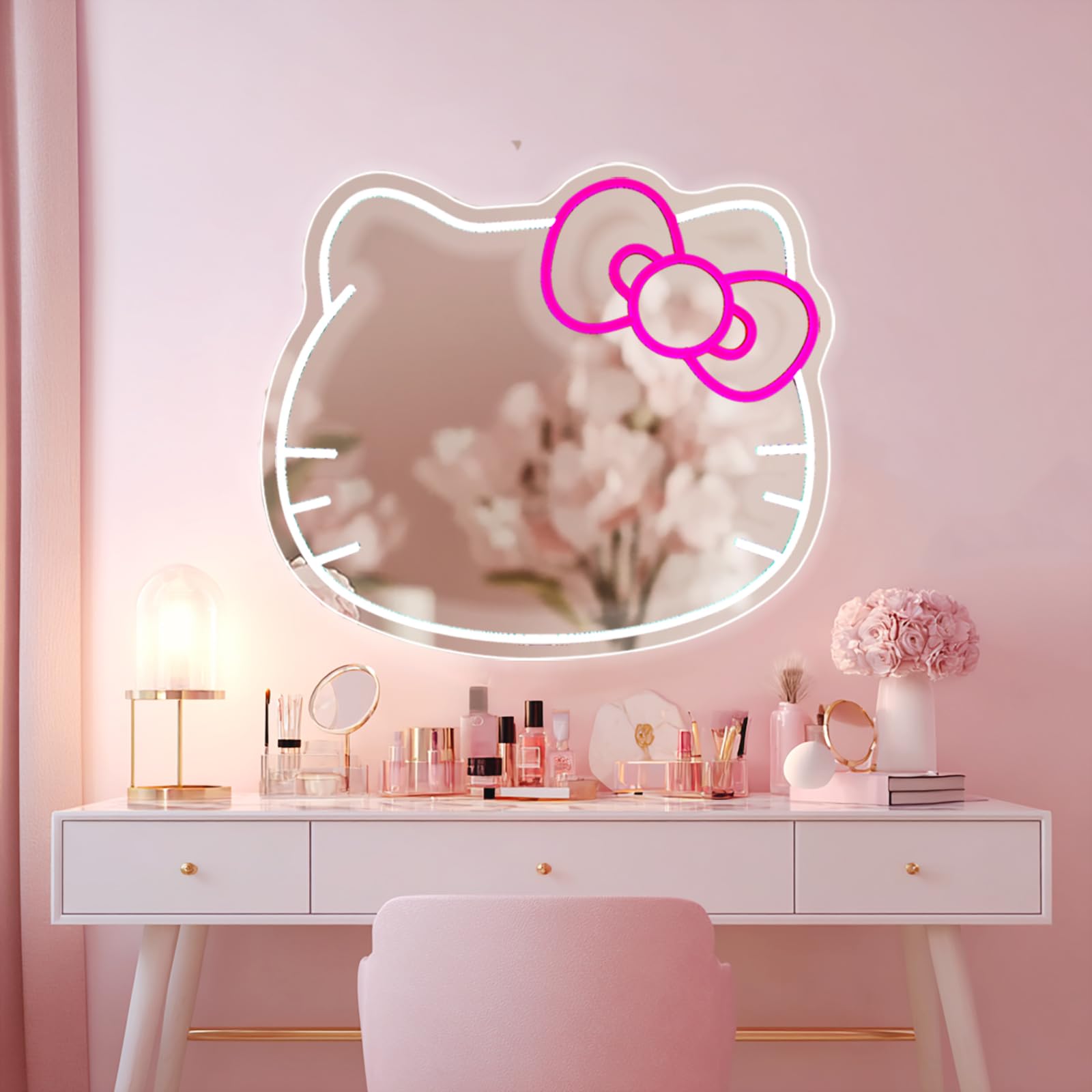 Photo 1 of Anime Mirror Vanity Neon Sign, Cute Cat with Lights Stuff Room Decor, Dimmable Makeup Mirror for Teen Girl Gift Bedroom Room Decor 15.53 x 13.19 inch
