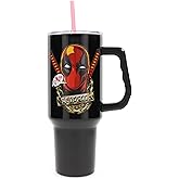 Silver Buffalo Marvel Deadpool Double Walled Stainless Steel Tumbler with Handle and Straw, Fits in Standard Cup Holder, 40 Ounces