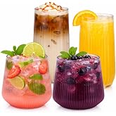 48 Pack Disposable Wine Glasses, 24 Stemless 9oz Champagne Flutes & 24 12oz Cocktail Cups - Ribbed Reusable BPA-Free Shatterp