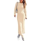 Wenrine Womens Sweater Maxi Dress Long Sleeve Knit Ribbed Crew Neck Slim Fit Casual Fall Long Dresses