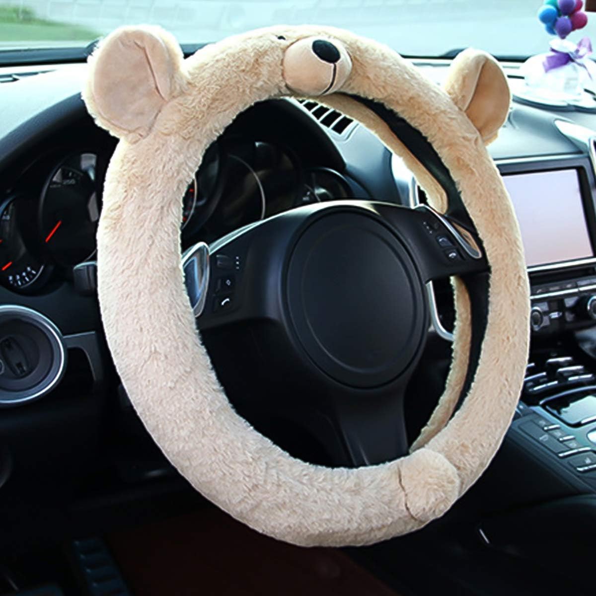 Amazon Ergocar 車ハンドルカバー かわいい 動物 ハンドルカバー 滑り止め 四季通用 38cm Flannel ステアリングホイールカバー ベージュクマ ハンドルカバー 車 バイク