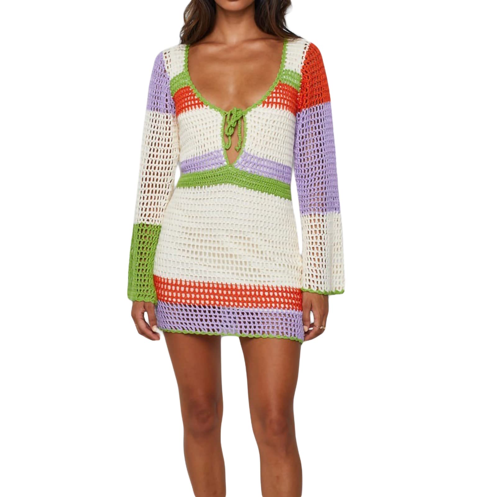 Women's Crochet Colorful Mesh Long Sleeve Mini Dress - Striped Beach Cover  Up, Summer Knit Dress Crochet Dress