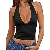 Trendy Queen Womens Halter Crop Tank Tops Backless Deep V Neck Double Lined Going Out Tops Summer Open Back Teens Cute Shirts