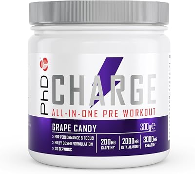PhD Charge All-In-One Pre Workout with Creatine 20 Servings Grap e Candy 300g