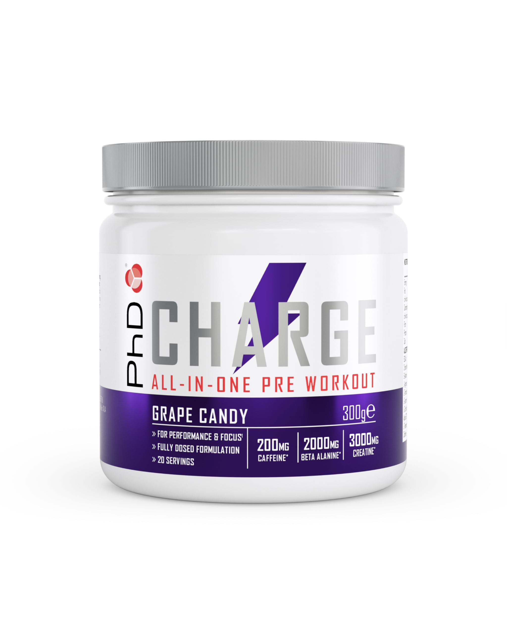 PhD Charge, All in One Pre Workout Powder with Creatine for Women and Men, Rich in Beta Alanine, High Caffeine for pre-Workout, Grape Candy Flavour, 20 Servings Per 300g Bottle