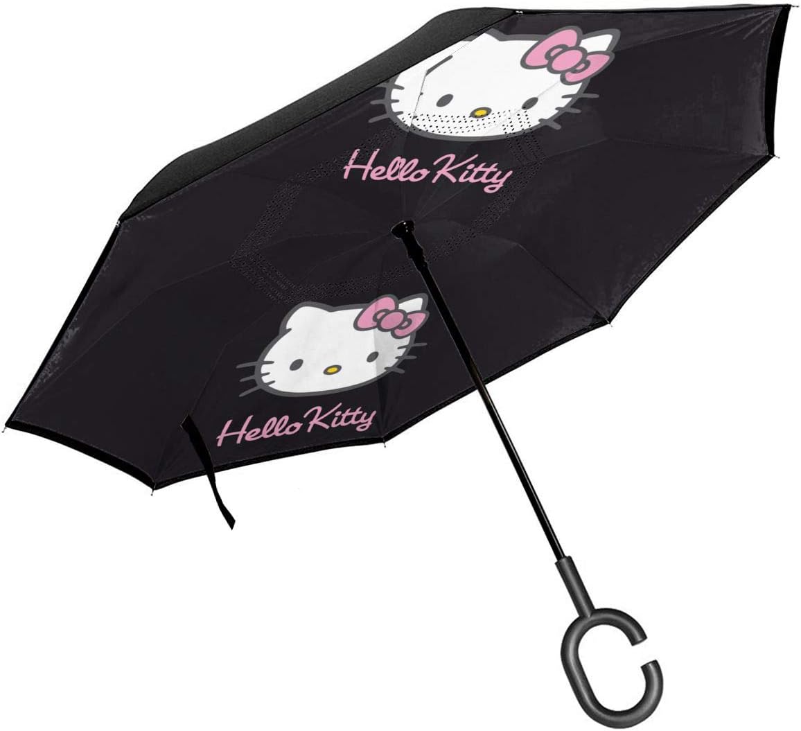 Double Layer Inverted Umbrella With C-Shaped Handle - Black Hello Kitty Reverse Windproof Umbrella UV Protection Upside Down Umbrella