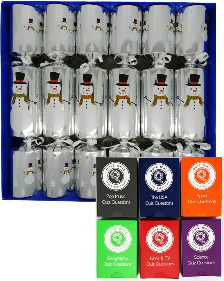 Crackers Ltd Set of 6 Snowman Christmas Crackers in silver with Trivia Quizzes
