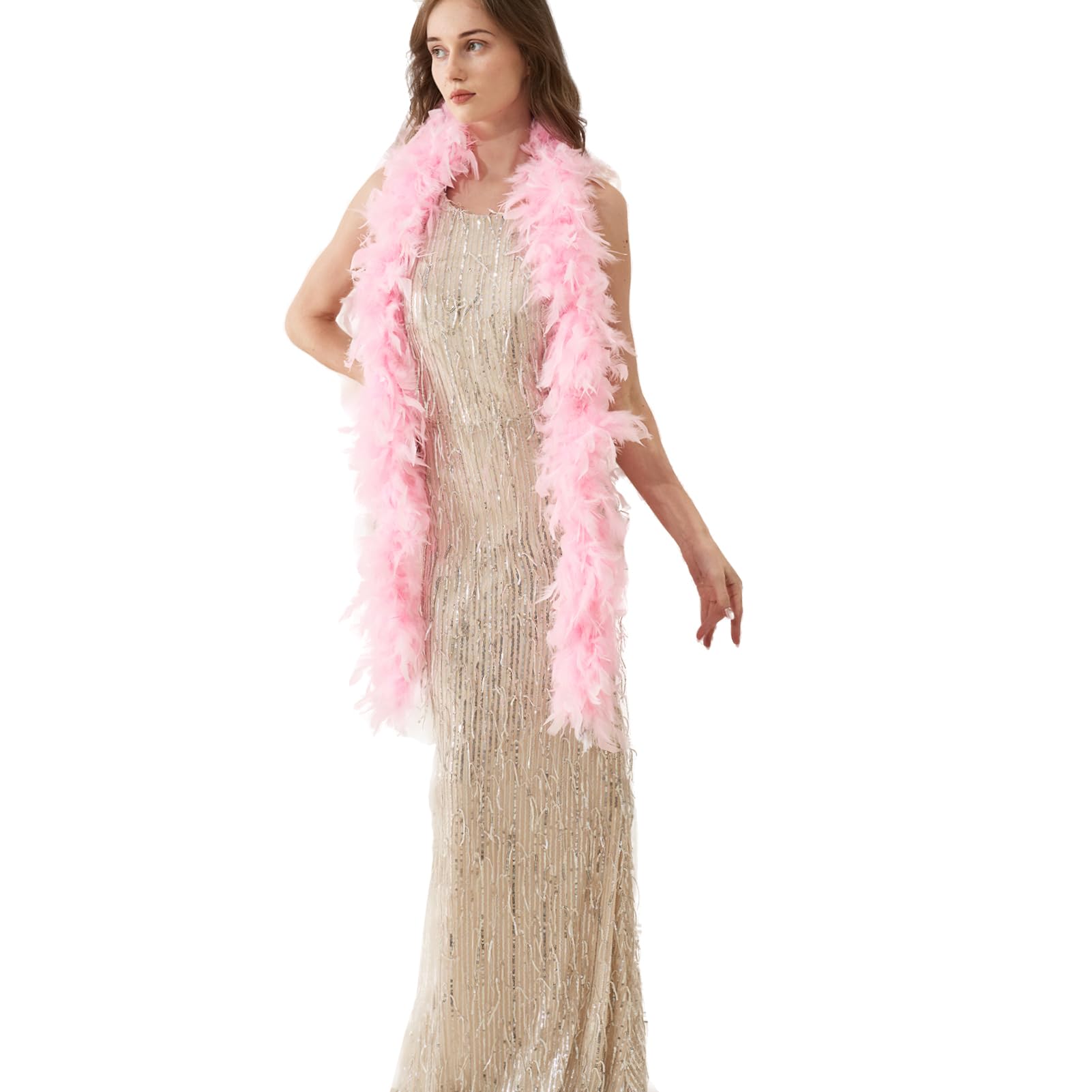 Photo 1 of 2 Yards 40g Turkey Chandelle Feather Boa for Women Costume Accessory,Party Dancing Dress Up, Holiday Decors-Light Pink