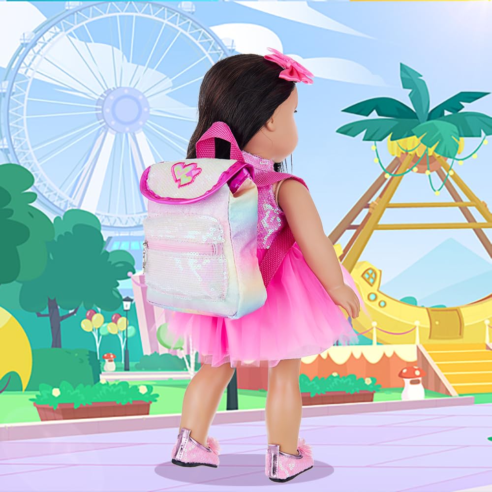 ECORELF American 18 Inch Doll Clothes and Accessories, Sequin Doll Backpack Accessories Set Included 18 inch Girl Doll Backpack,Sequin Gauze Dress,Doll Shoes,Bow Knot Hairpin,Hand Chain(No Doll)