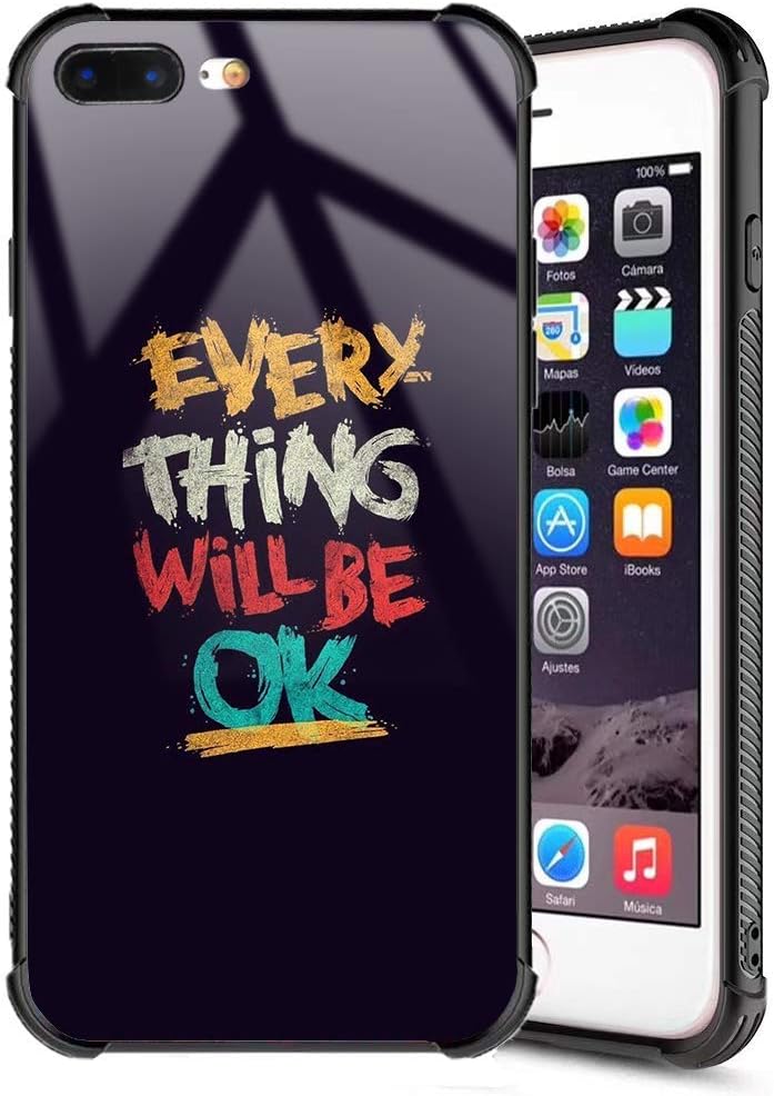 iPhone 7 Plus Case, iPhone 8 Plus Case,Quotes Motivational Design Slim Fit Tempered Glass Back Cover and Soft Silicone Shockproof Bumper Protective Case for iPhone 7 Plus/8 Plus Everything Will Be Ok