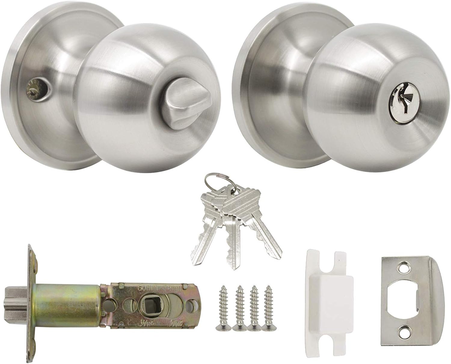 Probrico Entry Door Knob with Key Stainless Steel Exterior Door Handle Round Security Front Door