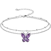 Richsteel Double Layer Heart/Butterfly Birthstone Anklet for Women Non Tarnish Waterproof, Silver/Gold/Black Stainless Steel 8.5-10.5 Inch Adjustable Chain Anklets Jewelry Gifts for Her