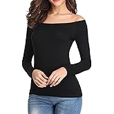 Fuinloth Women's Off Shoulder Tops, One Shoulder Shirts, Long Sleeves Sexy Slim Fit Tees