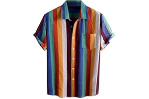 F_GOTAL MENS SHIRT Polo Shirt for Men, F_Gotal Men's T-Shirt Fashion Summer Short Sleeve Stripe Button Cotton Linen Casual Tees Blouse Tops