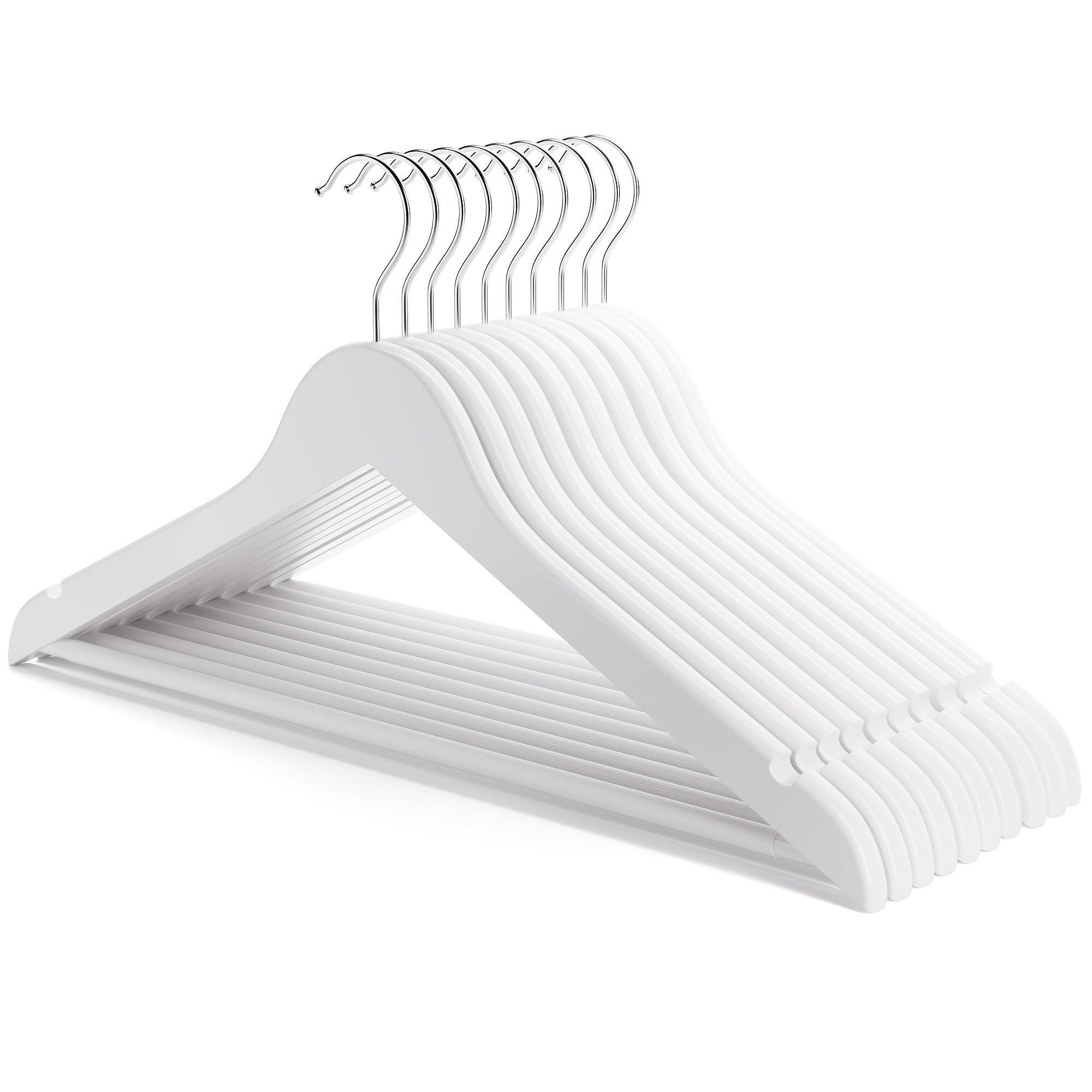HANGERWORLD 10 Wooden 45cm Coat Clothes Garment Hangers with Non Slip Trouser Bar (White)