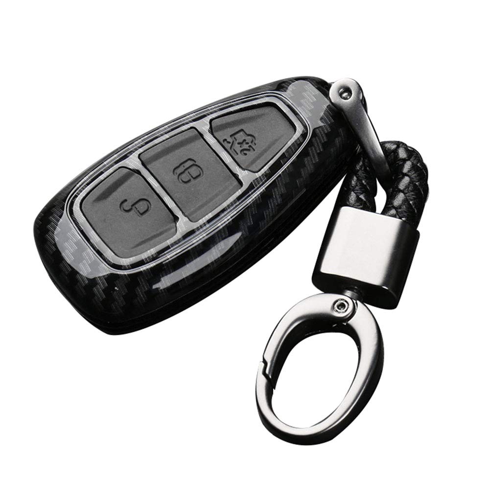 Happyit ABS Carbon Fiber Shell+Silicone Car Key Cover Case Keychain for Ford Focus Mondeo Edge Fiesta Kuga Mondeo MK4 Fusion Escort Ecosport (B carbon fiber + black)