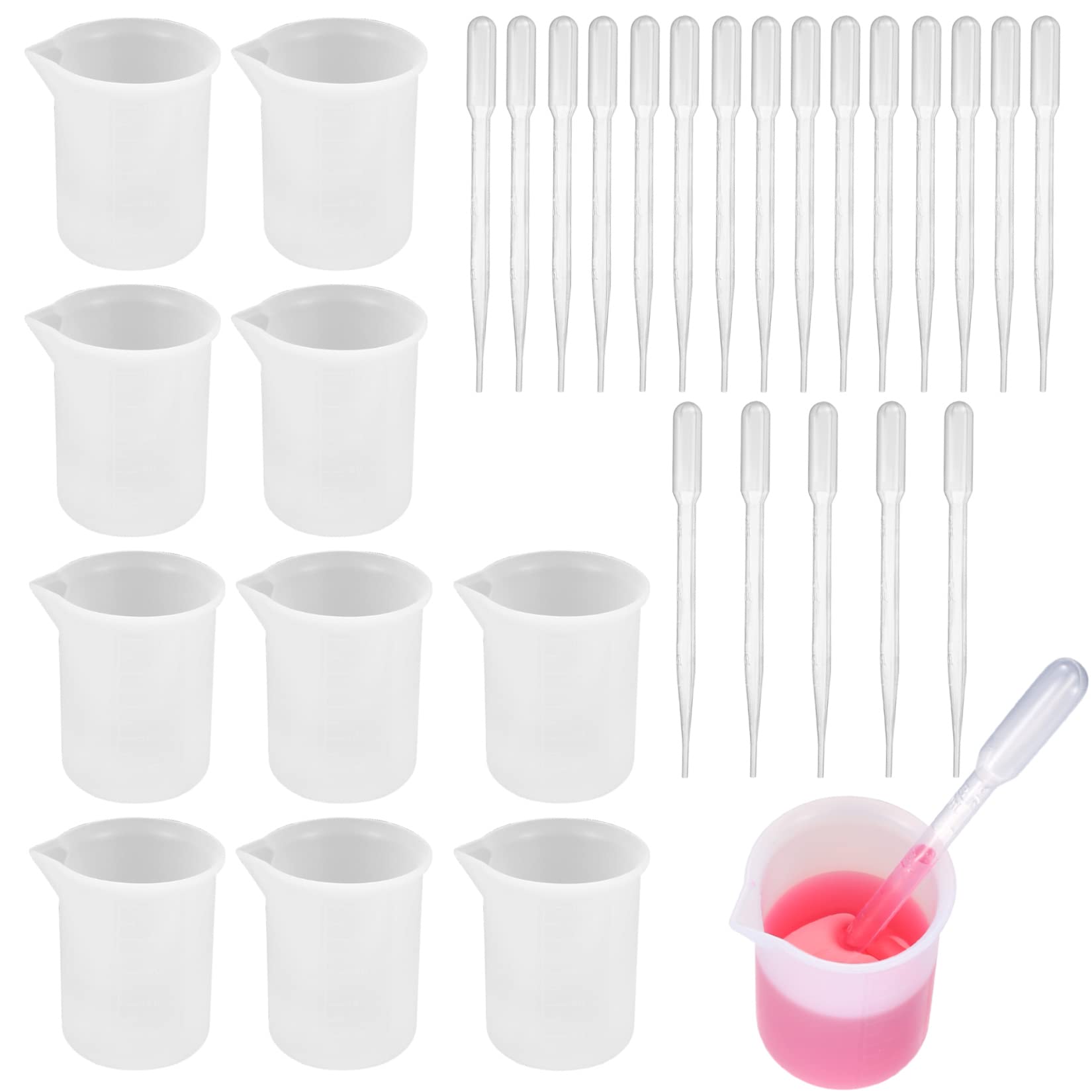 10 Pcs Silicone Measuring Cups Kit, 100 ml Epoxy Resin Mixing Cups, Silicone Resin Measure Cups Jugs Graduated for Epoxy Resin DIY Crafts Casting Mixing Jewelry Making, Moulds, with 20 Pipettes