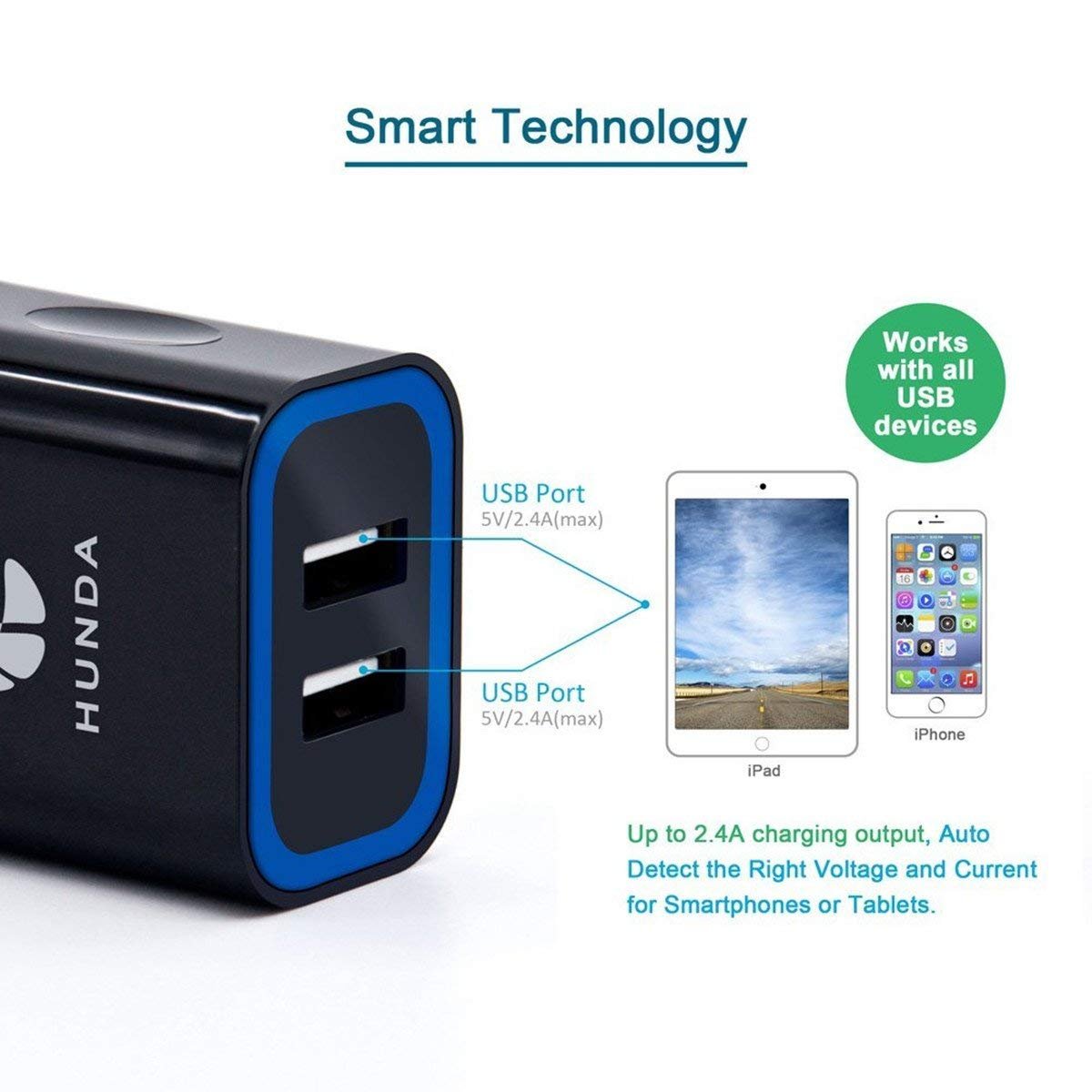 USB Charger Plug Hunda 3.1A 2-Port Mains Wall Charger with Smart IC UK Plug (Travel Adapter, Fast and Safe) for iPhone iPad Samsung HTC Kindle LG Smartphones Tablet & USB Socket Devices