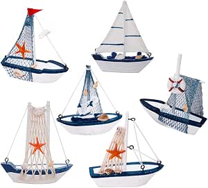 2 Modelos De Velero De Madera Decorativos - 16.5x11.5x3 Cm - Estilo Náutico, Color Azul Y Blanco - Para Estantería O Centro De Mesa