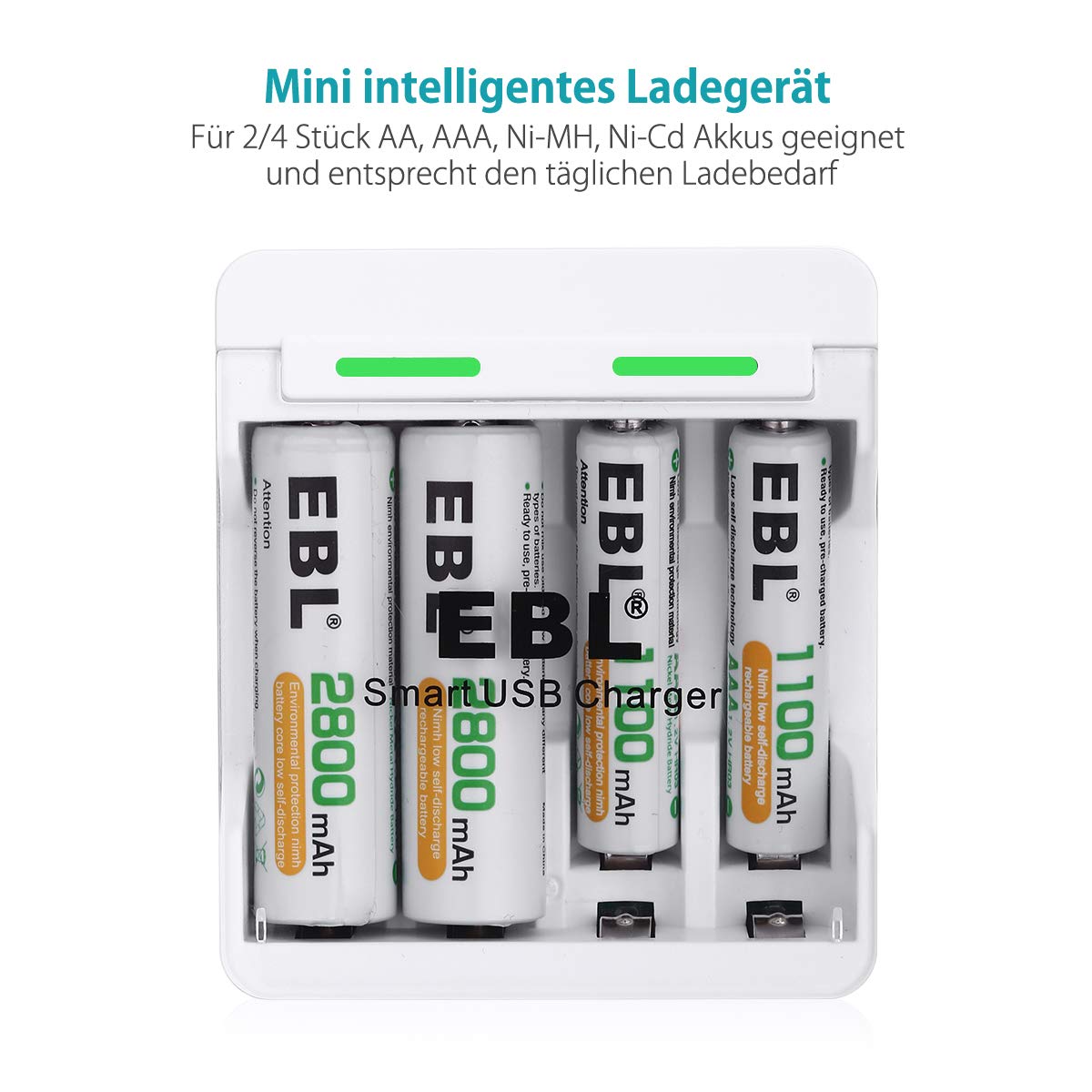EBL AA AAA Intelligente Akku Ladegerät (4x Stecker) Batterieladegerät für Ni-MH Ni-CD Wiederaufladbare Akku Batterien mit LED-Anzeige