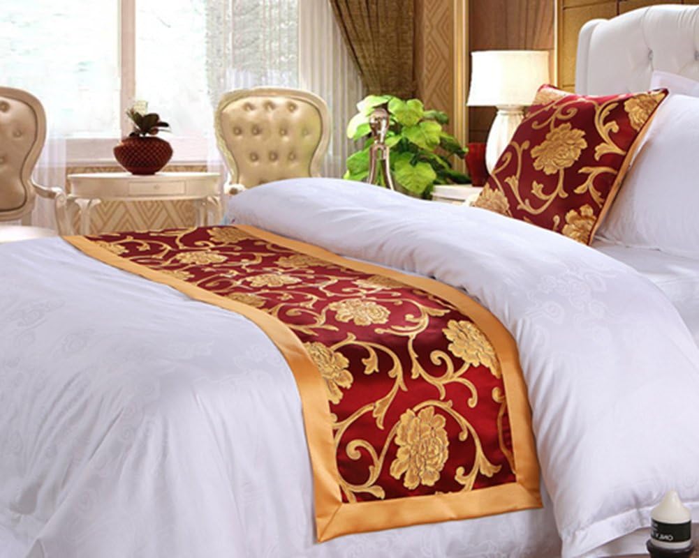Frjjthchy Cotton Bedding Runner Beautiful Luxurious Bed End Scarf for Bedroom Hotel (Peony Style, 19.69 x 94.49 in)