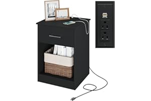 Reettic Nightstand with Charging Station and USB Ports & Power Outlets, Wooden End Table with Drawer and Opening Shelf, Side Table for Bedroom, Black RCTG101BE