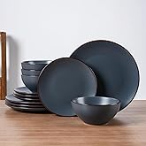 Famiware Venus Plates and Bowls Sets, 12 Pieces Stoneware Speckled Dinnerware Sets, Dishes Set for 4, Microwave and Dishwasher Safe, Matte Charcoal