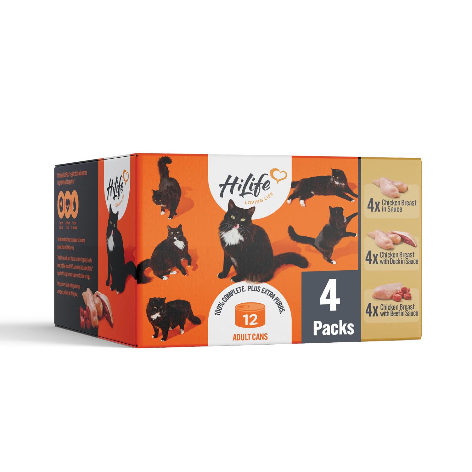 HiLife Adult Wet Cat Food Tins, Mixed Chicken Recipes in Sauce, Complete Tinned Cat Food, 100% Natural & Grain Free, Chicken Breast / with Beef / with Duck, 4x (12 x 70g) / 48 cans