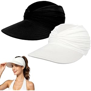 2Pcs Wide Brim Sun Visor Hats for Women, UPF 50+ UV Protection Visor Hat, Lightweight Packable Ponytail Cap for Golf Outdoor