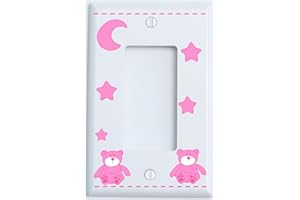 PRESTO LIGHT SWITCH PLATE COVERS Pink Teddy Bear Light Switch Plate Single Rocker Covers with Pink Moon and Stars/Teddy Bear Nursery Decor (Single Rocker)