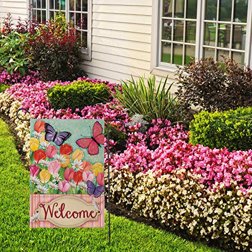 Butterfly Welcome Garden Flag Spring Tulip Flowers Yard Sign Porch Outdoor Flag Small Vertical Burlap Double Sided for… - Image 2