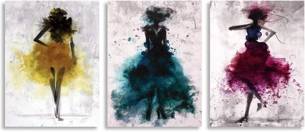 GEVES Retro Abstract Dancing Girls Canvas Painting Ballet Dancers Contemporary 3 Panels Wall Art Work for Bedroom Home Decor Stretched and Framed Ready to Hang
