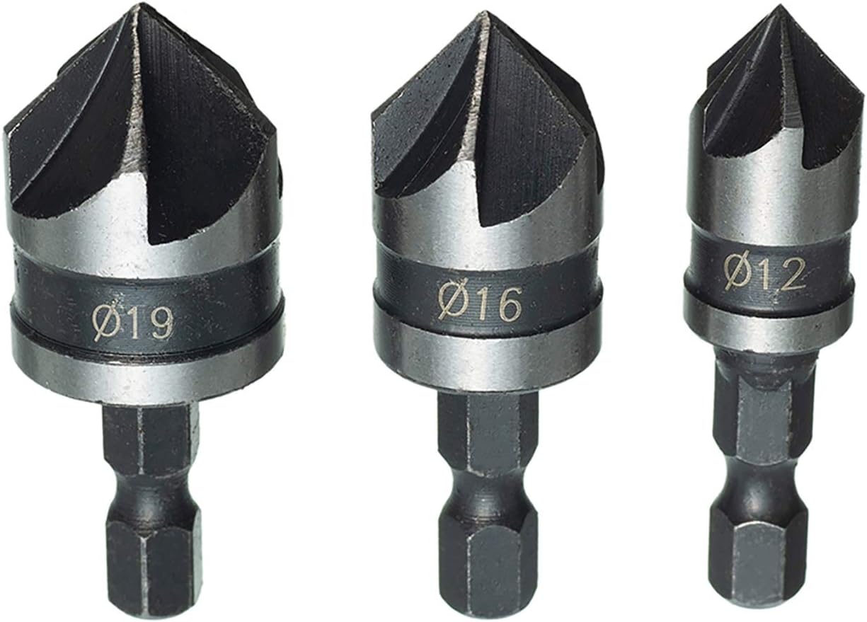 HPMAISON 3pcs 1/4 Inch Hex Shank Woodworking Chamfering Countersink Drill Bit Set 5 Flute 90 Degree Center Countersink Bits 12mm 16mm 19mm for Wood Plastic Aluminium Chamfering