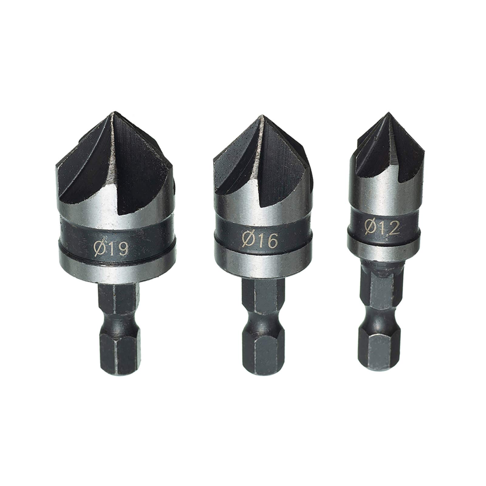 HPMAISON 3pcs 1/4 Inch Hex Shank Woodworking Chamfering Countersink Drill Bit Set 5 Flute 90 Degree Center Countersink Bits 12mm 16mm 19mm for Wood Plastic Aluminium Chamfering