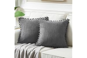 Fancy Homi Pack of 2 Dark Gray Decorative Throw Pillow Covers 16x16 Inch with Pom-poms for Couch Bed Bedroom, Soft Corduroy S