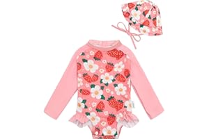 babygoal Infant Baby Girl One-Piece Swimsuit with Zipper Long Sleeve Rash Guard with Hat Set,UPF 50+ Sun Protection